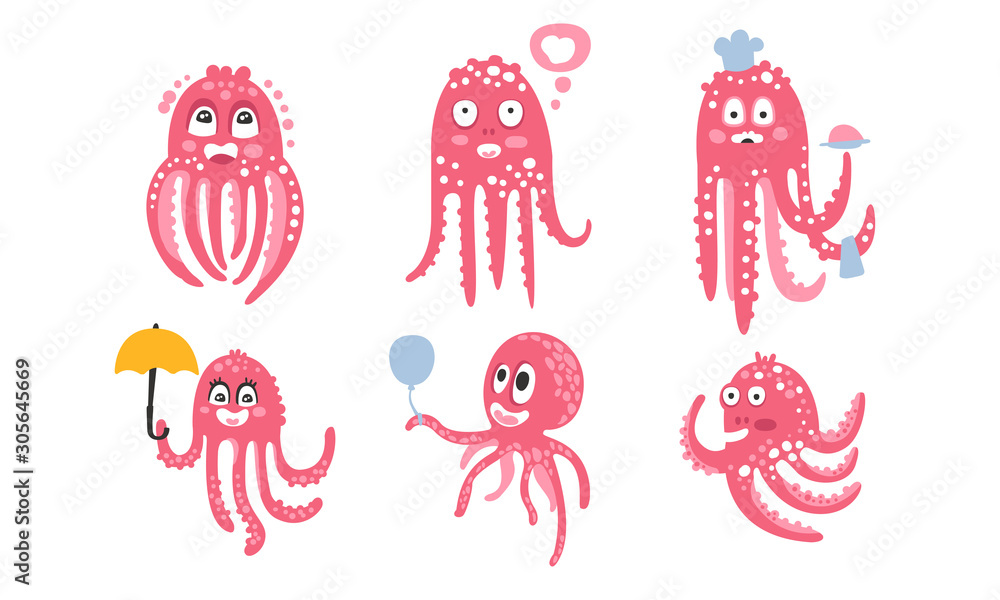 Cartoon pink octopuses. Set of vector illustrations. Cartoon pink octopuses. Set of vector illustrations.