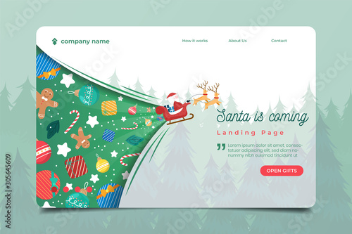 Landing page with santa clause and christmas ornament background