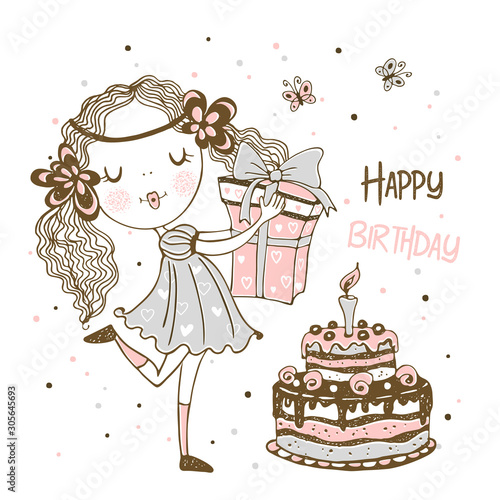 Birthday card with cute girl with gifts and birthday cake. Vector