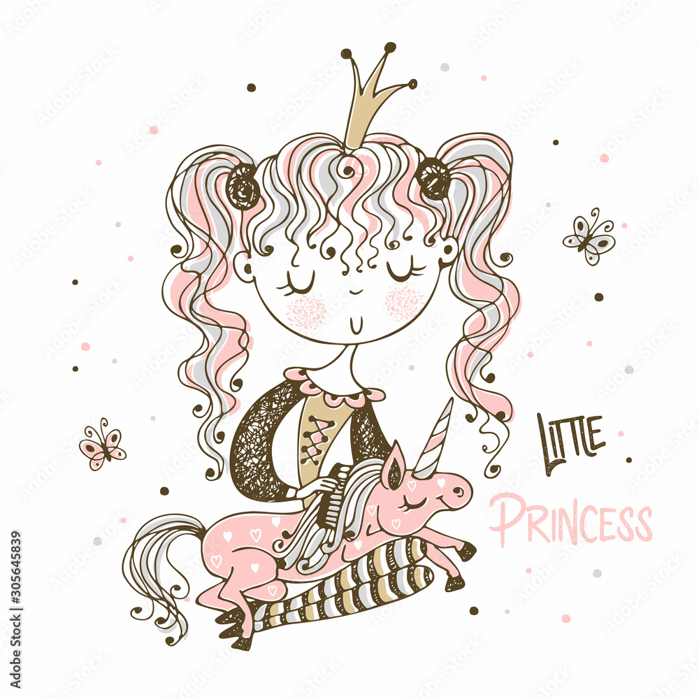 Little cute Princess combs the mane of her unicorn. Vector