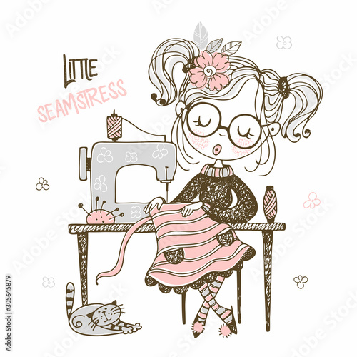 Cute girl seamstress sews on a sewing machine dress. Doodle style. Vector