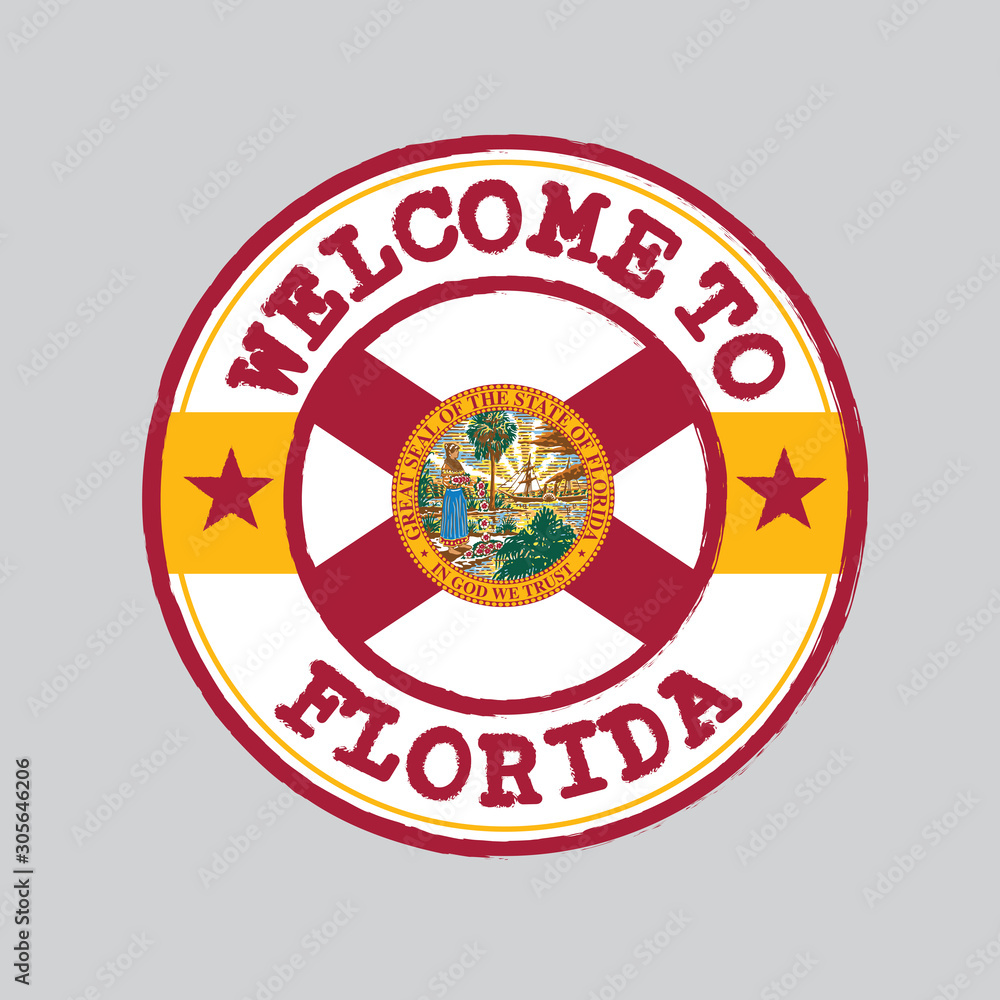 Vector stamp of welcome to Florida with a red saltire on a white background, with the state seal in the round shape on the center.