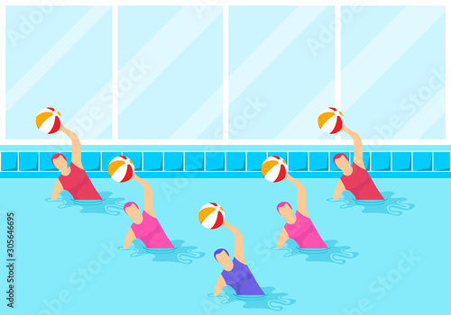 Group of female athletes doing water aerobics with a ball. Group aqua aerobics in swimming pool. Synchronized swimming and water aerobics. Vector illustration.