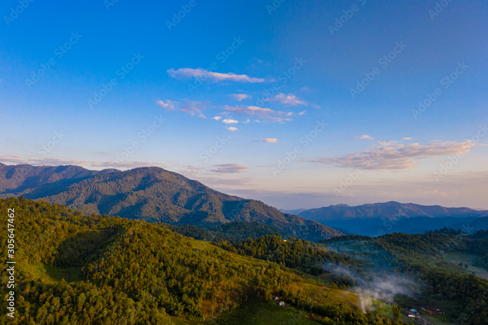 Aerial landscape with sunrise in the morning located in Maehongsan province, Thailand.