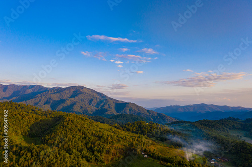 Aerial landscape with sunrise in the morning located in Maehongsan province  Thailand.