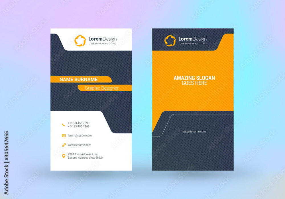 Double-sided vertical business card template. Vector mockup illustration. Stationery design. Halftone texture