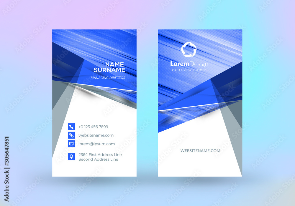 Double-sided vertical business card template. Vector mockup illustration. Stationery design. Halftone texture Double-sided vertical business card template. Vector mockup illustration. Stationery design. Halftone texture