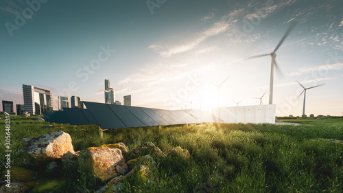 Concept of sustainable energy solution in beautifull sunset backlight. Frameless solar panels, battery energy storage facility, wind turbines and big city with skycrapers in background. 3d rendering.
