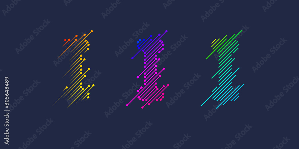 Several variants of one letter I of the Latin alphabet. Dynamic sign in bright color and consisting of lines. Several variants of one letter I of the Latin alphabet. Dynamic sign in bright color and consisting of lines.