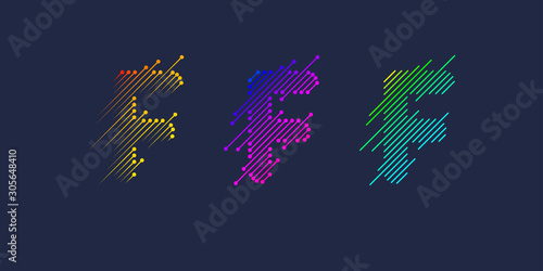 Several variants of one letter F of the Latin alphabet. Dynamic sign in bright color and consisting of lines.
