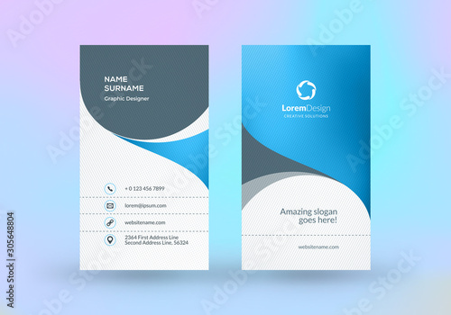 Double-sided vertical business card template. Vector mockup illustration. Stationery design. Halftone texture