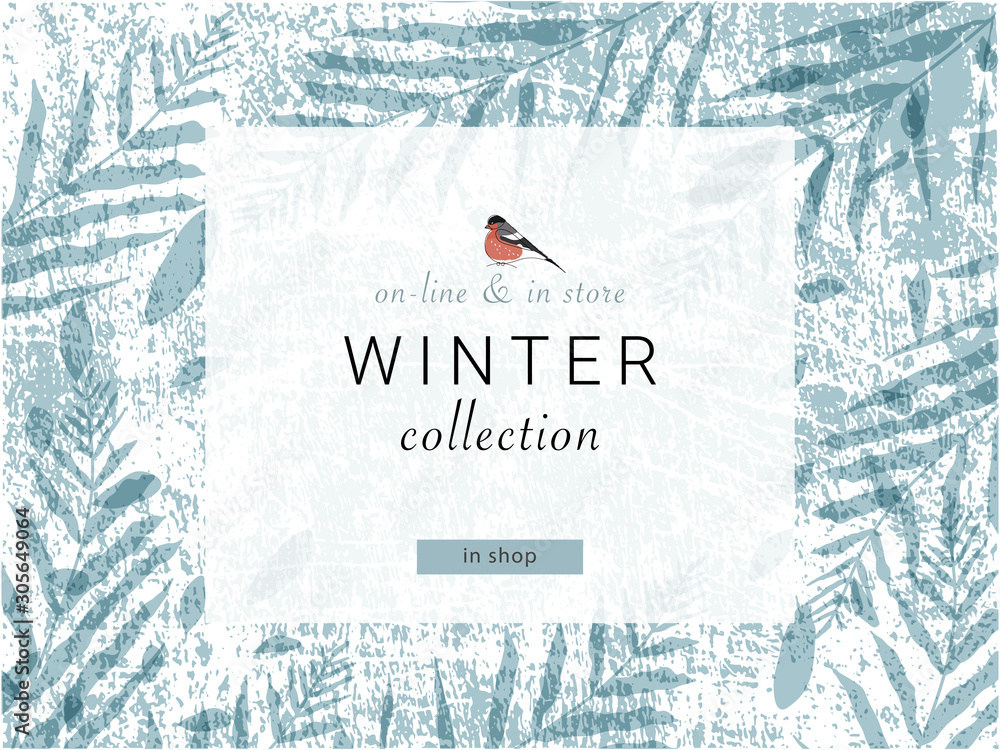 Obraz szablon banera mediów społecznościowych do reklamy kolekcji przylotów zimowych lub sezonowej promocji sprzedaży. modne, ręcznie rysowane tekstury tła i elementy kwiatowe imitujące akwarele