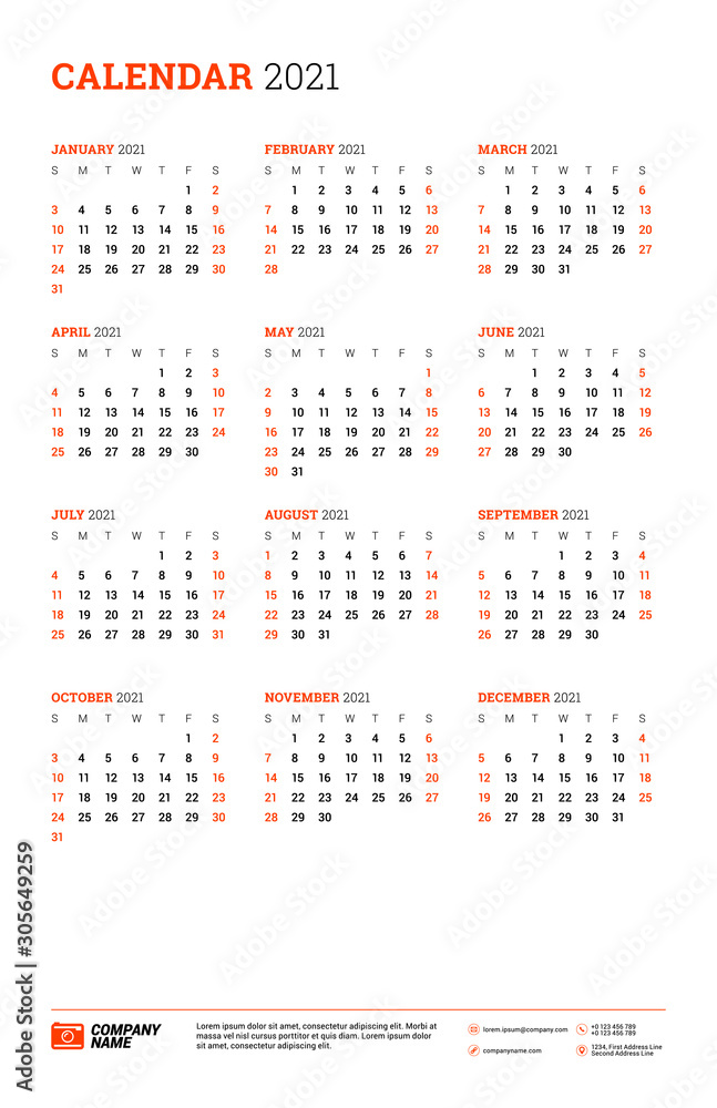 Calendar poster for 2021 year. Week starts on Sunday. Printable vector stationery design template Calendar poster for 2021 year. Week starts on Sunday. Printable vector stationery design template