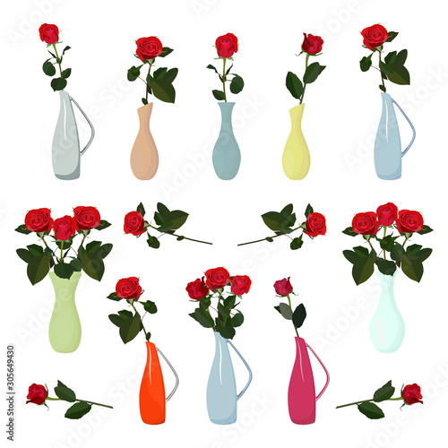 Red roses in vases vector flat isolated illustration