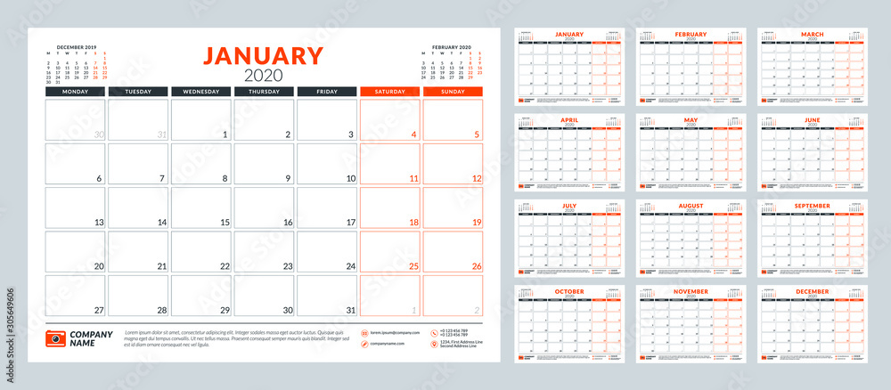 Calendar planner for 2020 year. Stationery design template. Vector illustration. Week starts on Monday Calendar planner for 2020 year. Stationery design template. Vector illustration. Week starts on Monday