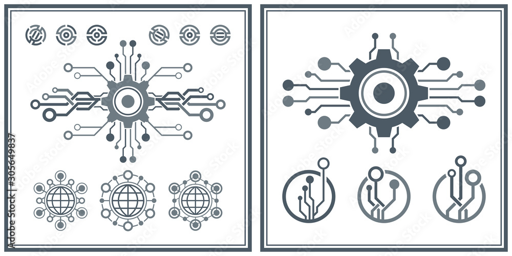 Set of abstract technological conception symbols. Vector technology background.