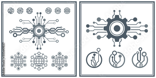Set of abstract technological conception symbols. Vector technology background.