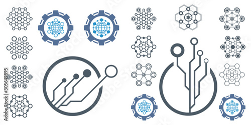 Set of abstract technological conception symbols. Vector technology background.