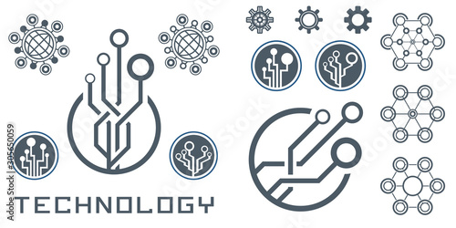 Set of abstract technological conception symbols. Vector technology background.