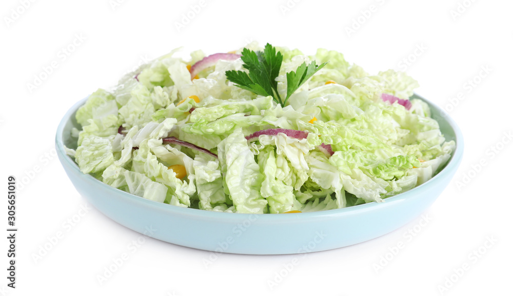 Fresh napa cabbage salad in plate isolated on white Fresh napa cabbage salad in plate isolated on white