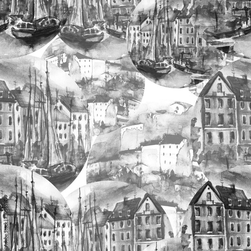 Watercolor landscape of the old city. Art illustration, seamless background. Vintage, monochrome drawing, abstract splash of paint, silhouettes of houses, buildings. Stylish drawing of the city