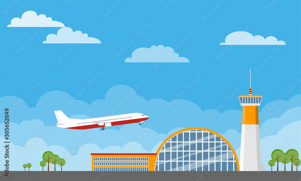 Airport building and planes. Airport Terminal building with aircraft taking off. Airport building and airplanes on runway with traffic cones on natural landscape background. Airport building and planes. Airport Terminal building with aircraft taking off. Airport building and airplanes on runway with traffic cones on natural landscape background.