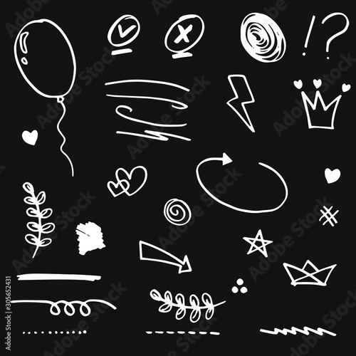 Hand drawn set elements, White on black background. Arrow, heart, love, star, leaf, sun, light, crown, king, queen,Swishes, swoops, emphasis ,swirl, heart, for concept design.