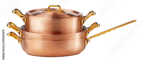 Clean and shiny copper pot isolated on white background photo