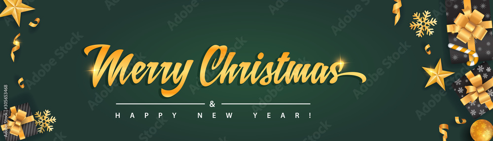 Merry Christmas and Happy New Year green background banner template