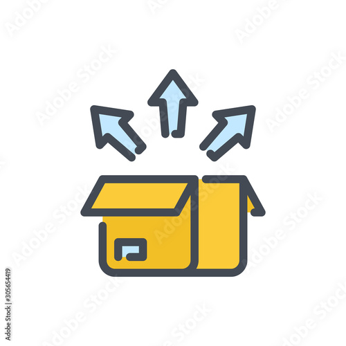 Unboxing color line icon. Open box with arrows vector outline colorful sign.