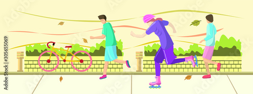 Woman play roller inline skate with two men run with background public park which have dry leaf blow from wind ,Vector illustration