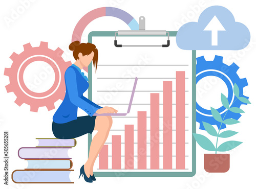 Woman surrounded by office supply vector, lady with laptop working on project flat style character. Cogwheel and clipboard with charts, plant cloud books. Business education