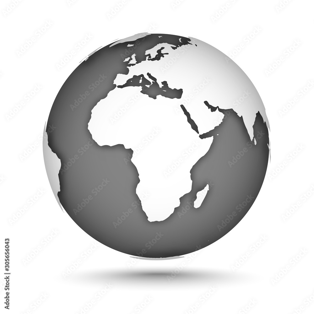 Globe icon gray on white with smooth vector shadows and map of the continents of the world. Africa, Europe