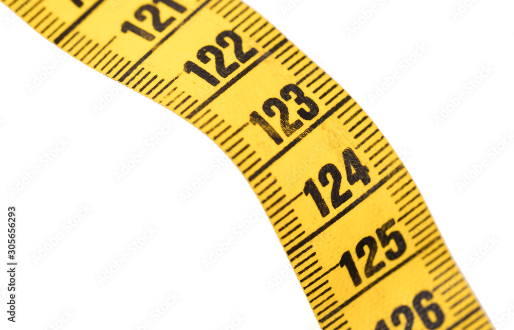Close-up of a yellow measuring tape isolated on white - 124 Close-up of a yellow measuring tape isolated on white - 124