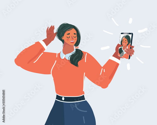 Girl make selfie on white background.