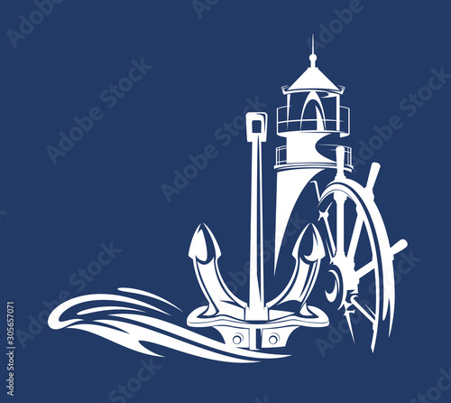 lighthouse,anchor,ship steering wheel and ocean wave - maritime sailing vector silhouette design