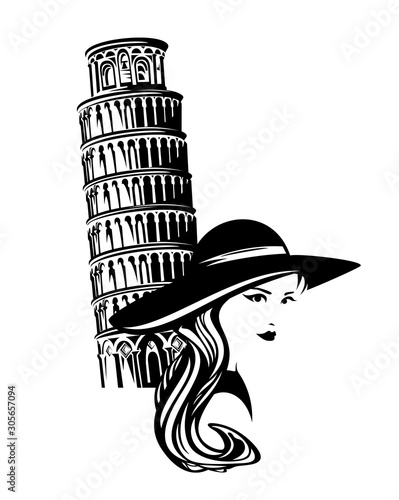 young beautiful tourist woman wearing wide brimmed hat with pisa tower in the background - italian style vacation black and white vector design