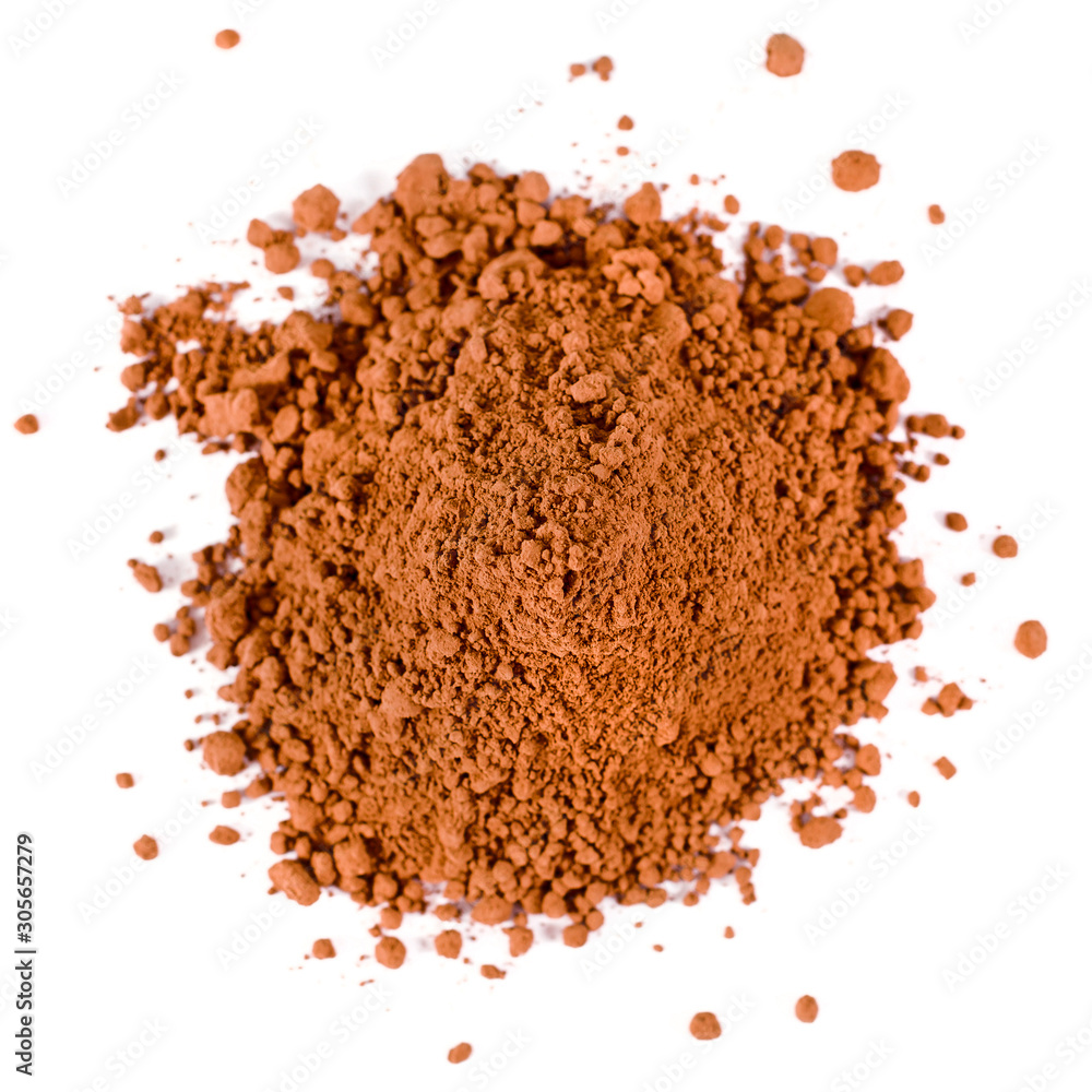 Heap of cacao powder isolated on a white background. Top view. Heap of cacao powder isolated on a white background. Top view.