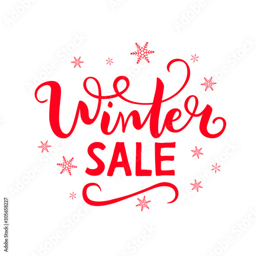 Vector illustration Winter sale with snowflakes on a white background. Red hand drawn lettering for postcard  sticker  banner. Bright print for design and background