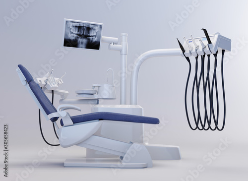 Modern dental chair on a white background. Dental equipment. 3d rendering