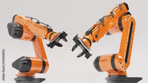 Industrial robots for welding & handling. Robotic Arm, 3D rendering isolated on gray background