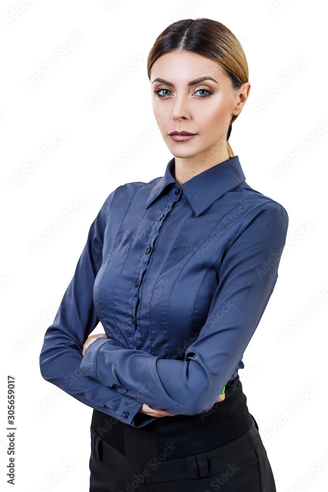 Business woman in blue shirt and with ccrossed hands. Business woman in blue shirt and with ccrossed hands.
