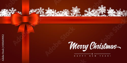 Merry Christmas and Happy New Year vintage background template with gift box red ribbon and bow