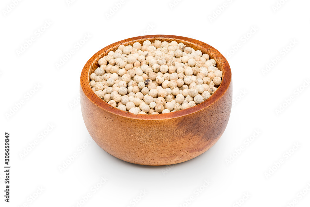 Peppercorn in wood bowl isolated on white background with clipping path. Peppercorn in wood bowl isolated on white background with clipping path.