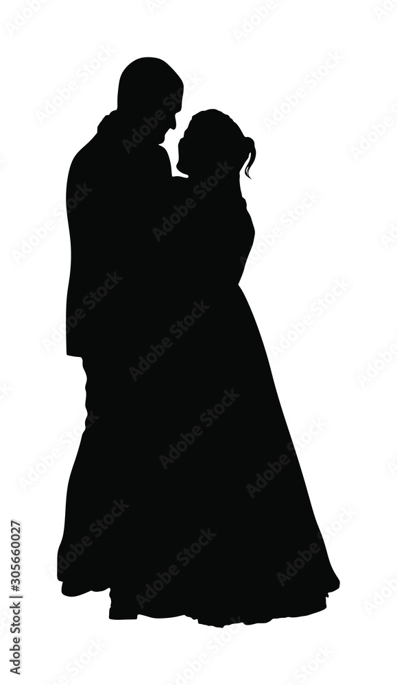 Groom and bride wedding day, in dress and suit vector silhouette. Wedding couple. Happy bride and groom on ceremony. Just married couple in love. Elegant people dancing waltz on party celebration.