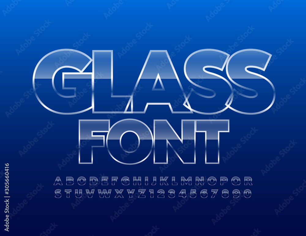Fototapeta premium Vector Glass Font. Transparent glossy Alphabet. Set of realistic ice textured Letters and Numbers