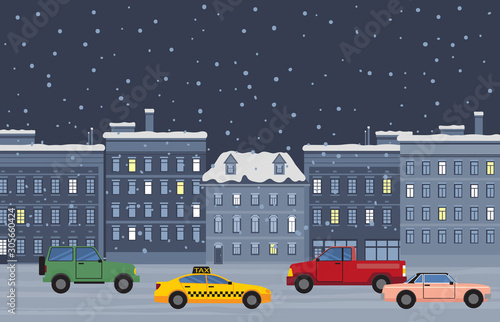 Winter city at nighttime, taxi and vehicles of citizens at street of town. Snowfall in urban area. Building in row with lit windows. Automobile on read at night. Cityscape of wintertime vector in flat