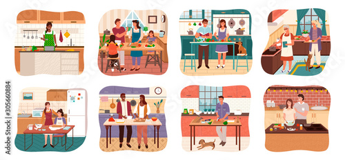 Set of characters cooking meal at home. Man and woman with children preparing food for dinner. Lady at stove alone. Grandmother with granddaughter making dishes for holiday. Vector in flat style