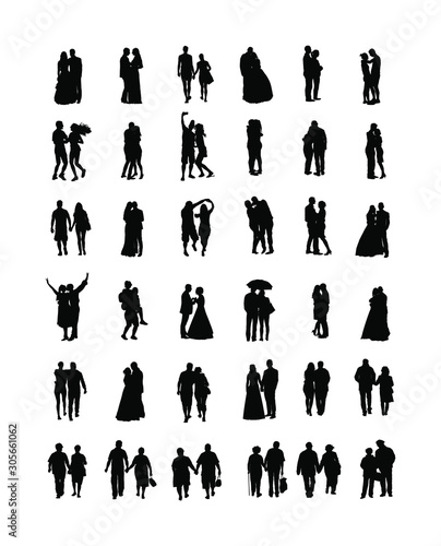 Couple in love silhouette vector big collection. Woman and man in love. Girl and boy dancing. Wedding couple, bride and groom ceremony. Senior people closeness. All generations family people set.