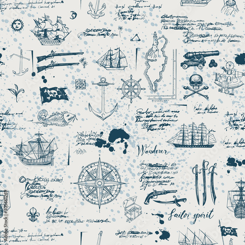 Vector abstract seamless pattern on the pirate theme with sketches, illegible notes and ink blots. Vintage background with skull, crossbones, flag, swords, guns, caravels and other nautical symbols
